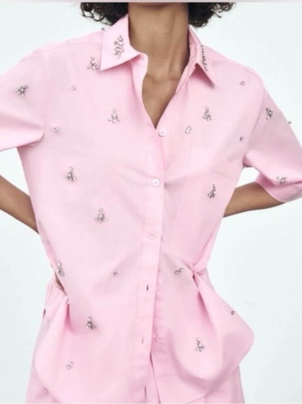 Zara Pink Cotton Button-Up Blouse | Rhinestones | 3/4 Sleeves | S | NWT - Picture 1 of 13